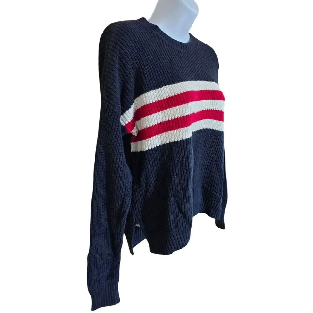 Navy Red & White Striped Knit Sweater Relaxed Fit soft warm outdoor cottagecore